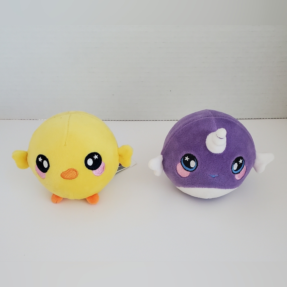 Squeezamals Yellow Dakota Chick & Purple Nellie Narwhal Plush Used Bundle *READ*